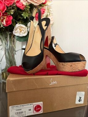 Christian Louboutin Black Dona Anna Cork Platform Slingback Peep-Toe Heels
